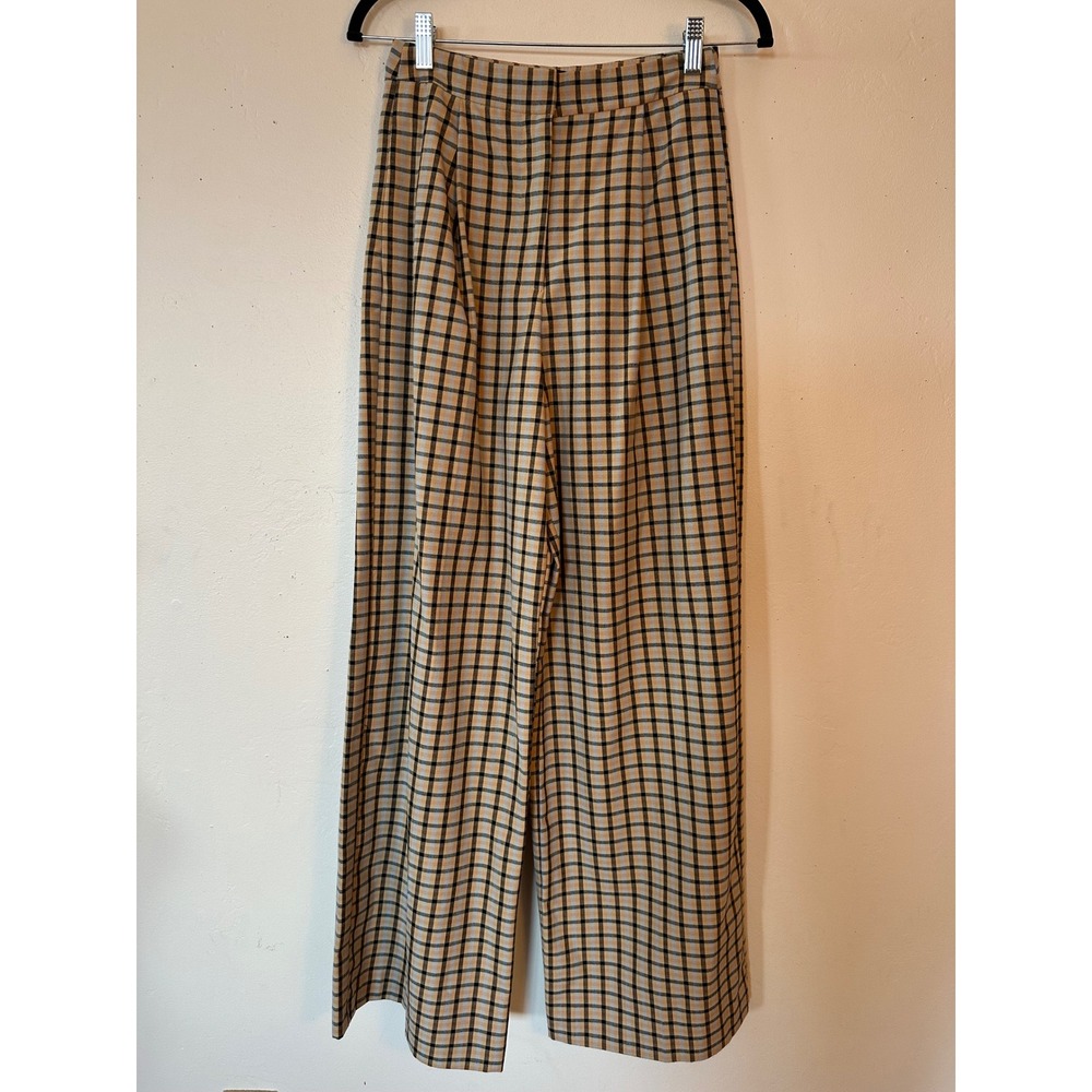 ASOS DESIGN Tan Plaid Check Wide Leg Trousers High Waist Pants US 4 UK 8